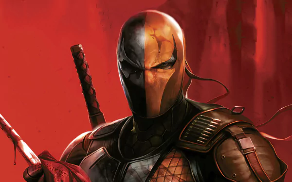 4K Ultra HD PC desktop wallpaper: DC Comics Deathstroke comic art — armored orange-and-black masked mercenary with sword and tactical armor against a blood-red background.