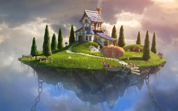 Fantasy scene of a floating island with a charming house surrounded by trees and lush grass, set against a backdrop of clouds. HD desktop wallpaper and background.