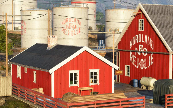 2K Quad HD PC desktop wallpaper: red Lofoten house and boathouse by fuel tanks, coastal Norwegian scene from the Battlefield V video game.