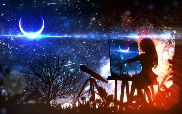 Anime Original Night Moon Telescope Stars Painting HD Wallpaper | Background Image