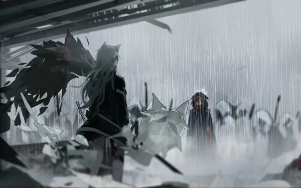 A striking HD wallpaper from Arknights featuring Lappland in a dramatic, rainy scene, surrounded by ominous figures, capturing the intense atmosphere of the game.