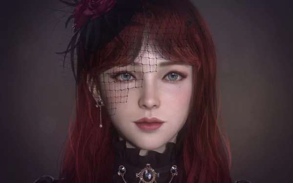 HD fantasy PC desktop wallpaper featuring a woman with red hair, adorned with jewelry, a delicate flower, and a black veil, set against a dark, moody background.