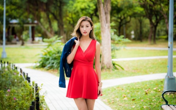 Women Asian Model Red Dress Depth Of Field Brunette HD Wallpaper | Background Image