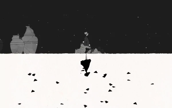HD PC desktop wallpaper featuring a monochrome scene from the video game Gris, showcasing the game's artistic style with a reflective character and minimalist background.