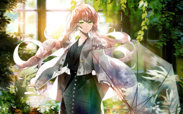 Anime-style character with flowing pink hair and striking green eyes holds a translucent umbrella, set against a bright, lush garden background in HD desktop wallpaper quality.