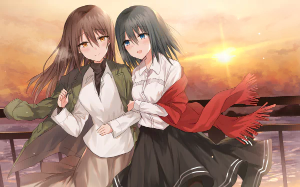 Anime original 2K Quad HD PC desktop wallpaper/background: two girls at sunset—brown-haired with yellow eyes in a green jacket, gray-haired with blue eyes and a red scarf by a railing.