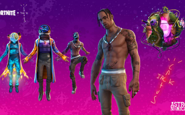 HD PC desktop wallpaper: Fortnite video game scene featuring a rapper-themed in-game skin and other character skins posed against a neon purple-pink starry backdrop with the game logo.