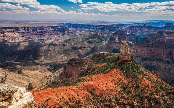 Vivid 8K Ultra HD landscape of Arizona's canyon horizon showcasing layered rock formations under a partly cloudy sky in the USA.