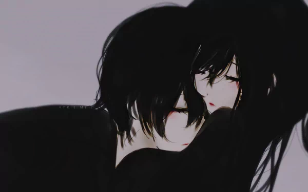 HD anime desktop wallpaper featuring a close, intimate moment between a couple with dark hair and soft expressions, capturing a tender anime couple scene.