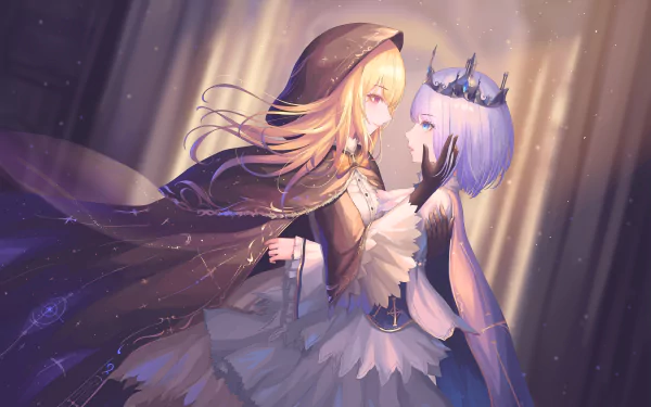 A 4K Ultra HD anime couple, featuring two characters in an intimate embrace with flowing hair and detailed costumes, illuminated by soft, ethereal light.