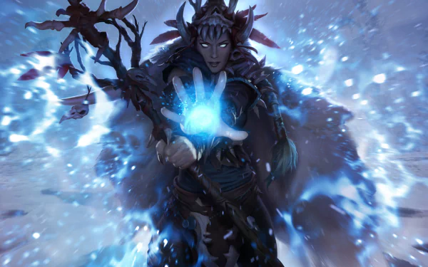 HD PC desktop wallpaper background — video game Legends of Runeterra: a horned, cloaked mage thrusts a glowing blue orb forward as icy shards and snow swirl around.