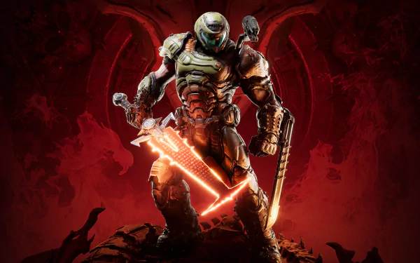 Doomguy from DOOM Eternal stands ready in glowing armor, holding a chainsaw and sword against a dark red background in this 4K Ultra HD PC desktop wallpaper.