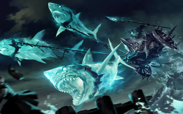 Legends of Runeterra video game HD PC desktop wallpaper/background: stormy teal scene of ghostly spectral sharks sweeping past a shattered, haunted ship.