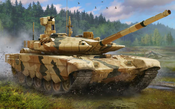 HD PC desktop wallpaper background featuring a camouflaged T-90 military tank advancing through a muddy forest, turret raised and birds flying overhead.
