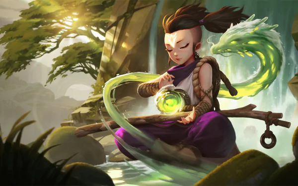 HD desktop wallpaper from Legends of Runeterra featuring a character conjuring a glowing orb with a translucent Chinese dragon swirling around them in a forest setting.