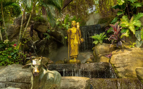  Statues and Waterfall in a Garden surrounded by Ferns by kmarius
