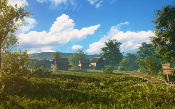 4K Ultra HD desktop wallpaper featuring a vibrant, sunlit countryside scene from the video game The Elder Scrolls IV: Oblivion, with lush greenery and rustic buildings.