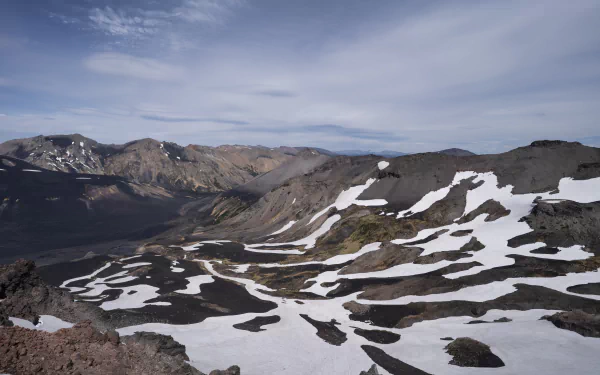 8K Ultra HD PC desktop background: volcanic rock nature landscape with dark lava fields and scattered snow patches under a wide cloudy sky.