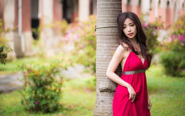 Women Asian Model Red Dress Brunette Lipstick Depth Of Field HD Wallpaper | Background Image