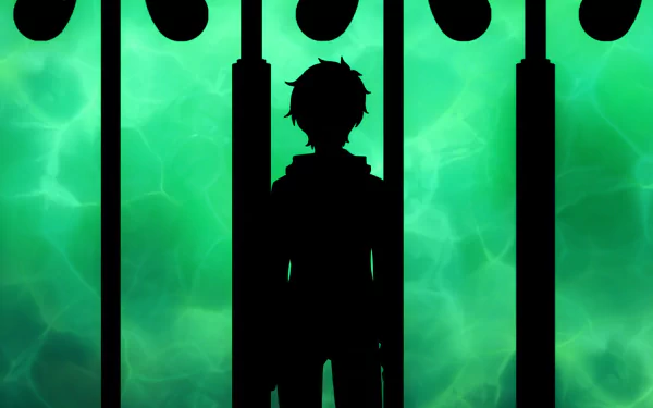 Silhouette of Baam (Tower of God) framed by dark pillars against a glowing green hexagonal backdrop — anime HD PC desktop wallpaper and background.