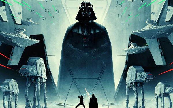 Epic Star Wars wallpaper featuring Darth Vader, AT-AT Walkers, and Luke Skywalker in a lightsaber duel, inspired by 'Star Wars Episode V: The Empire Strikes Back.'
