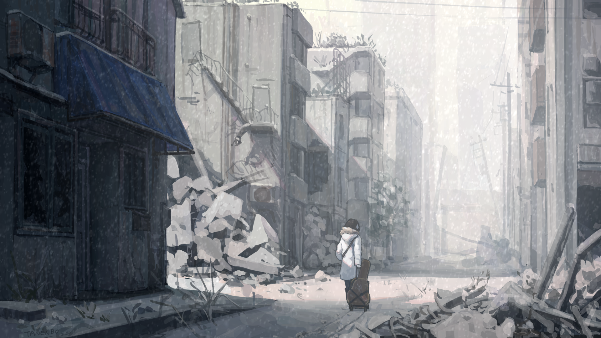 Girl walking on destroyed city street by たねんぼ