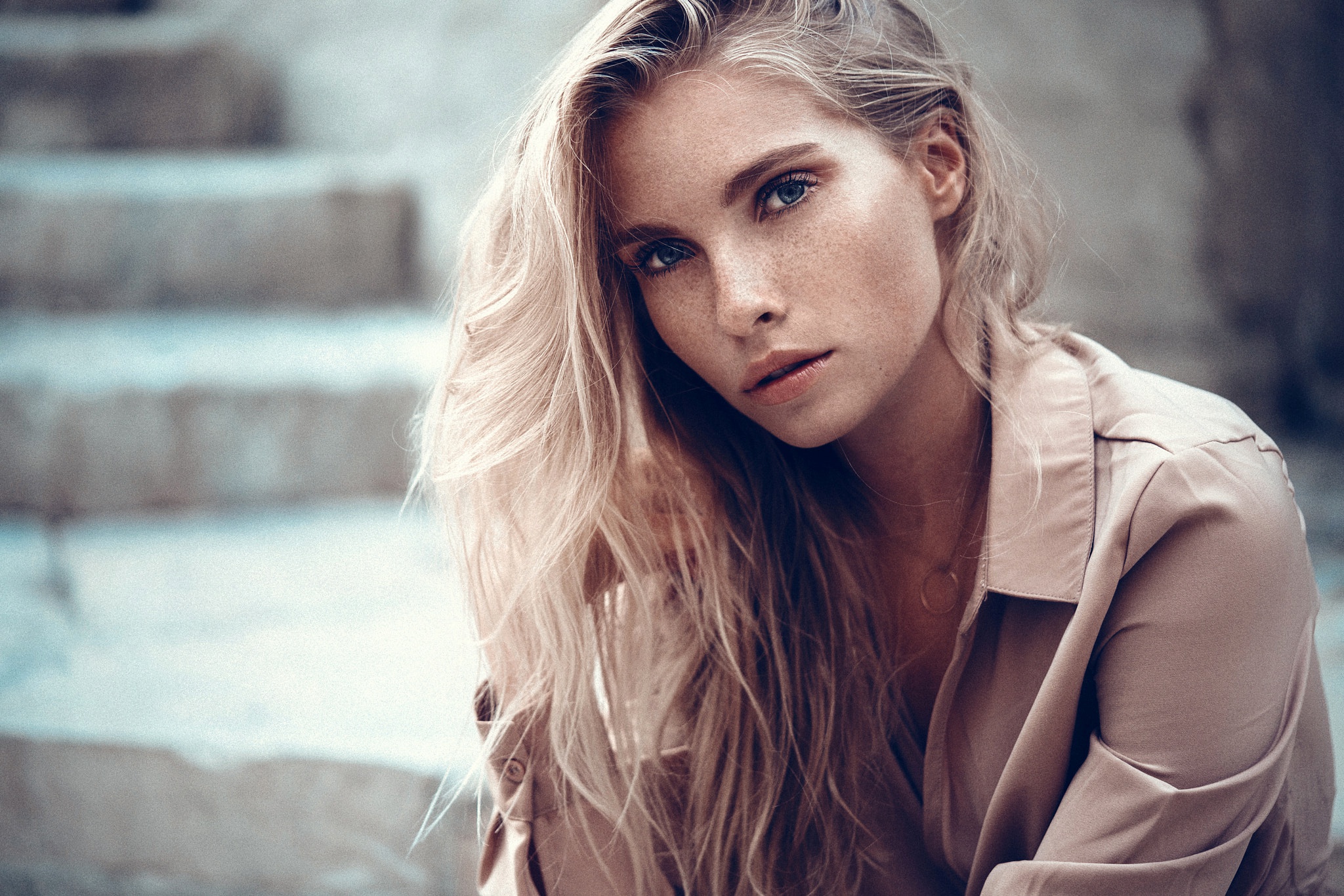 Download Blue Eyes Depth Of Field Blonde Woman Model HD Wallpaper by ...