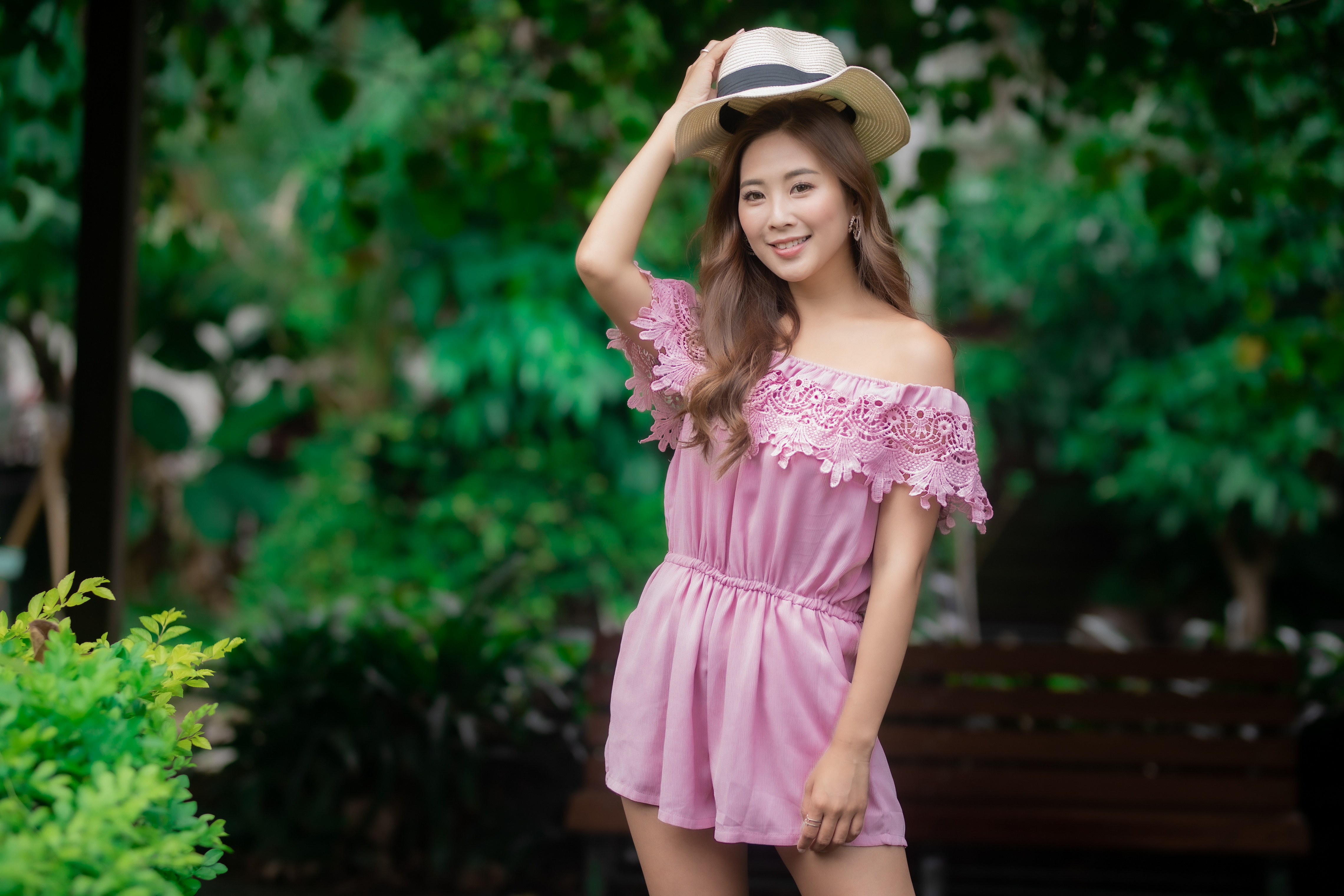 Download Depth Of Field Smile Brunette Pink Dress Model Hat Woman Asian 4k Ultra Hd Wallpaper 6015