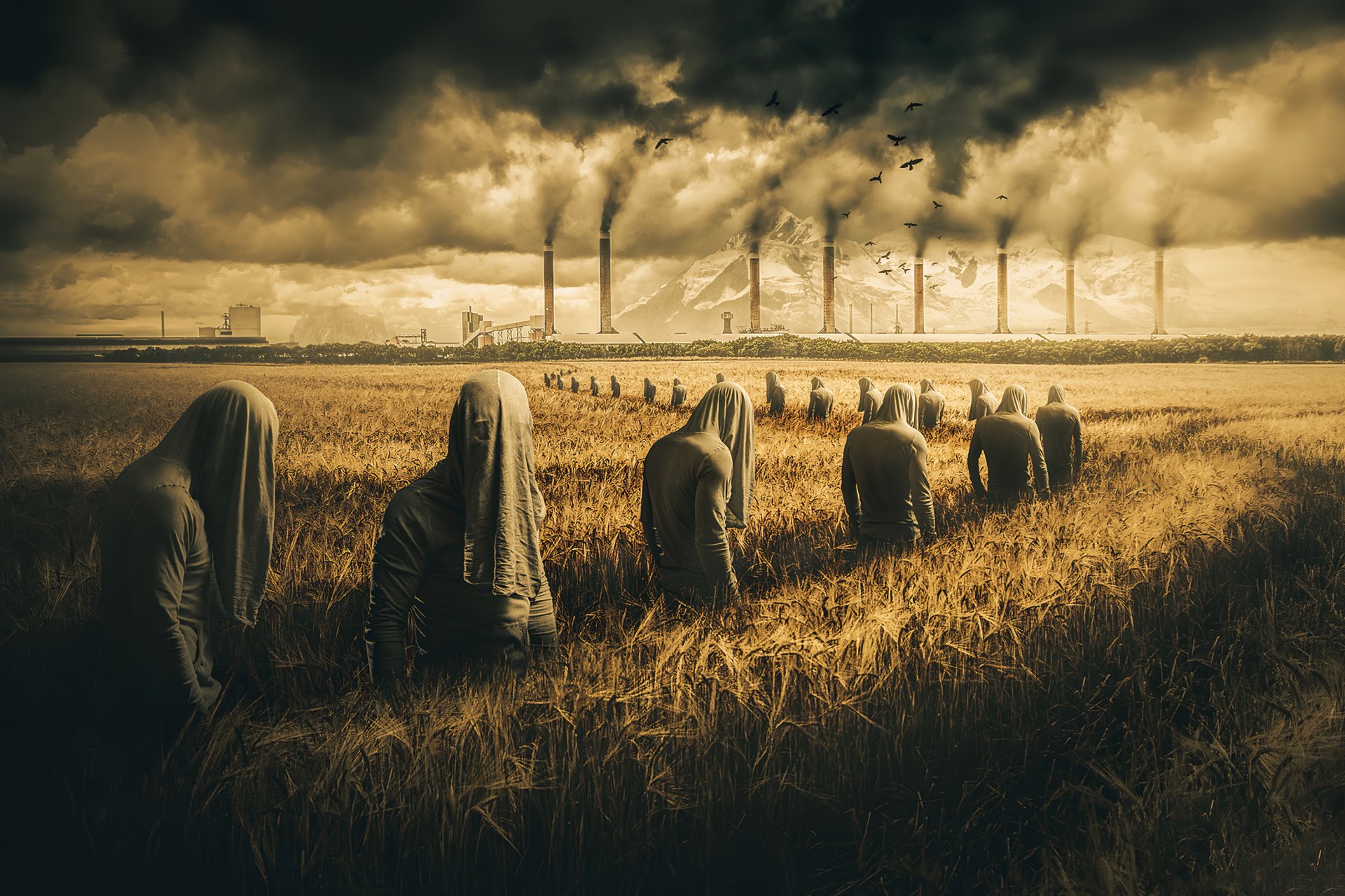 Dark, artistic HD desktop wallpaper showing hooded figures in a field with chimneys emitting smoke under a stormy sky, evoking a somber, surreal atmosphere.
