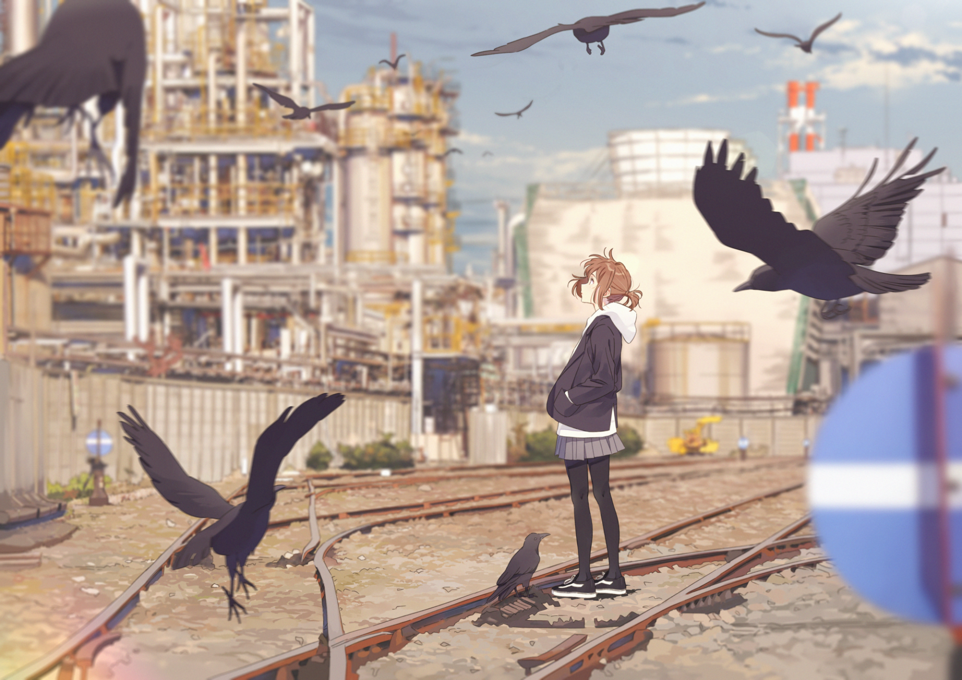 Anime-style original HD desktop wallpaper featuring a character standing by railway tracks with a flock of crows and an industrial background.