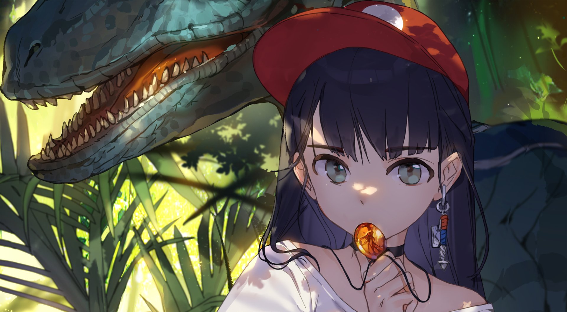 Anime original HD PC desktop wallpaper: purple-haired girl in a red cap holds a lollipop while a large dinosaur looms behind her amid sunlit jungle foliage.