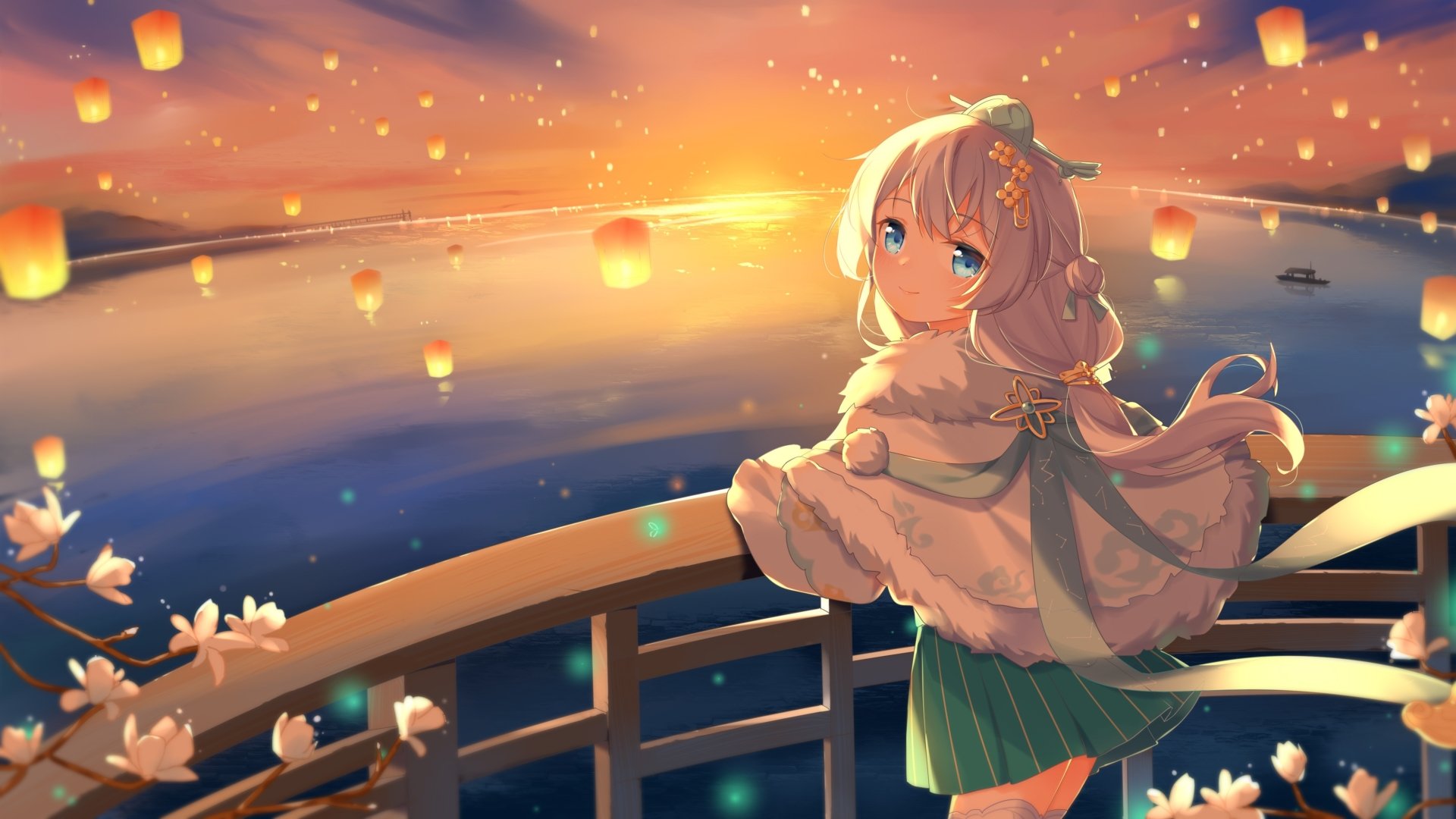 Theresa Apocalypse from Honkai Impact 3rd with long white hair and blue eyes, holding a lantern by the railing at sunset, overlooking a horizon filled with floating lanterns.