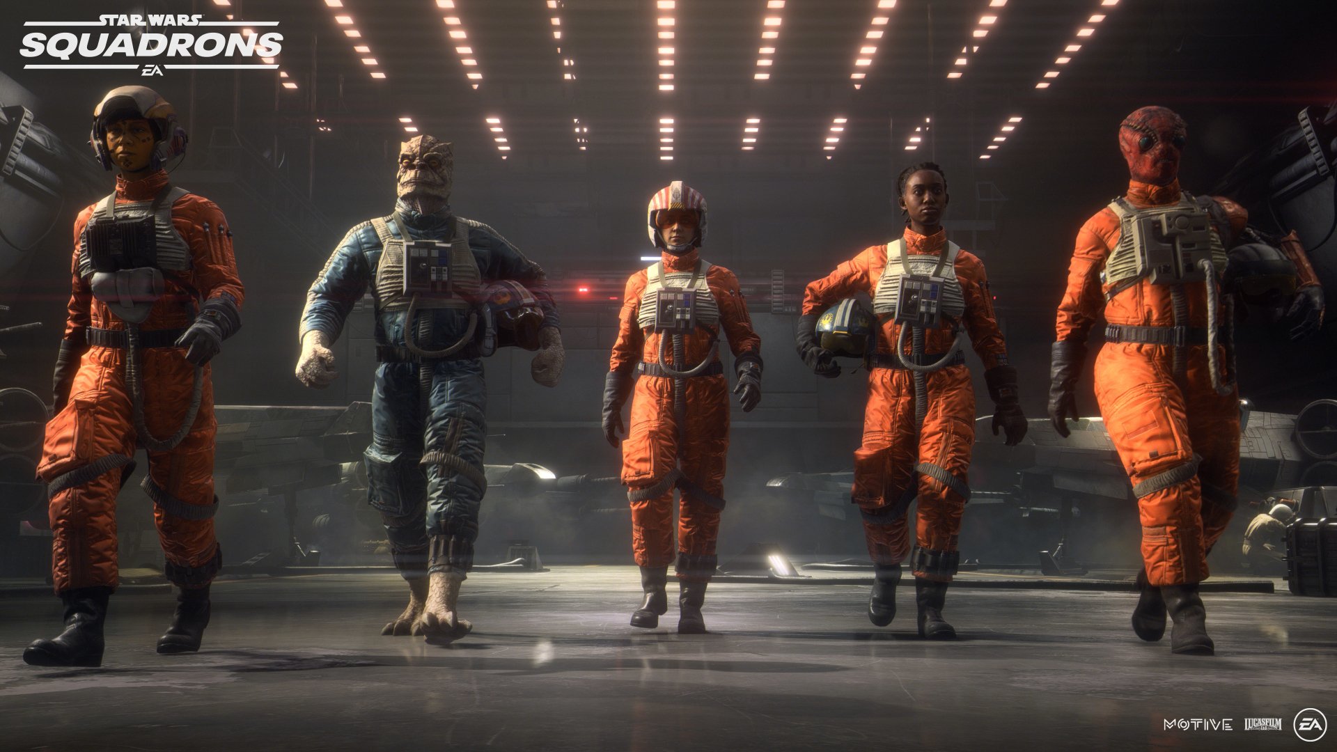 Star Wars: Squadrons characters in pilot gear walk forward inside a hangar, featured in a 4K Ultra HD PC desktop wallpaper from the Star Wars video game.