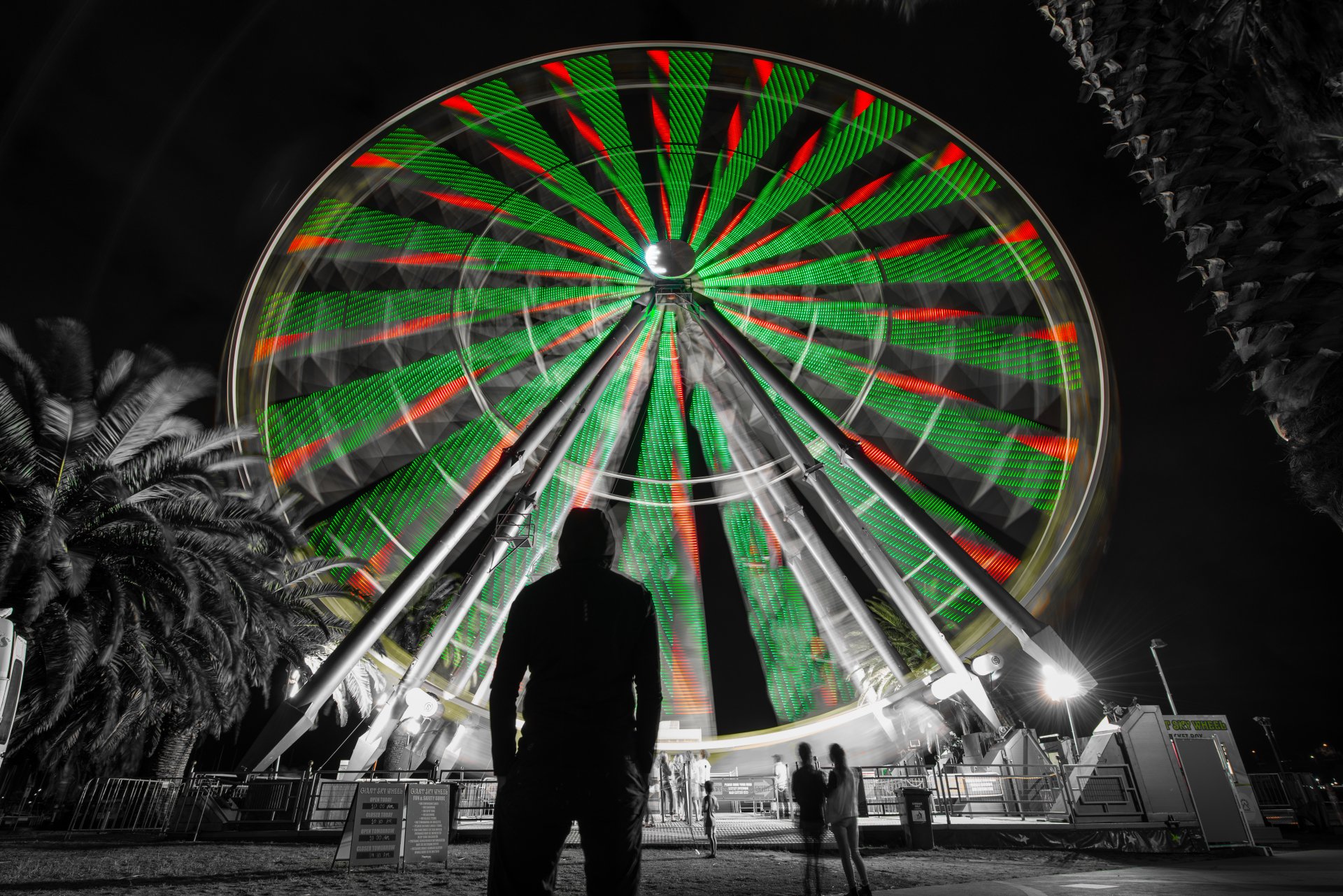 Download Night Selective Color People Man Made Ferris Wheel 4k Ultra HD Wallpaper by Jules Willoughby