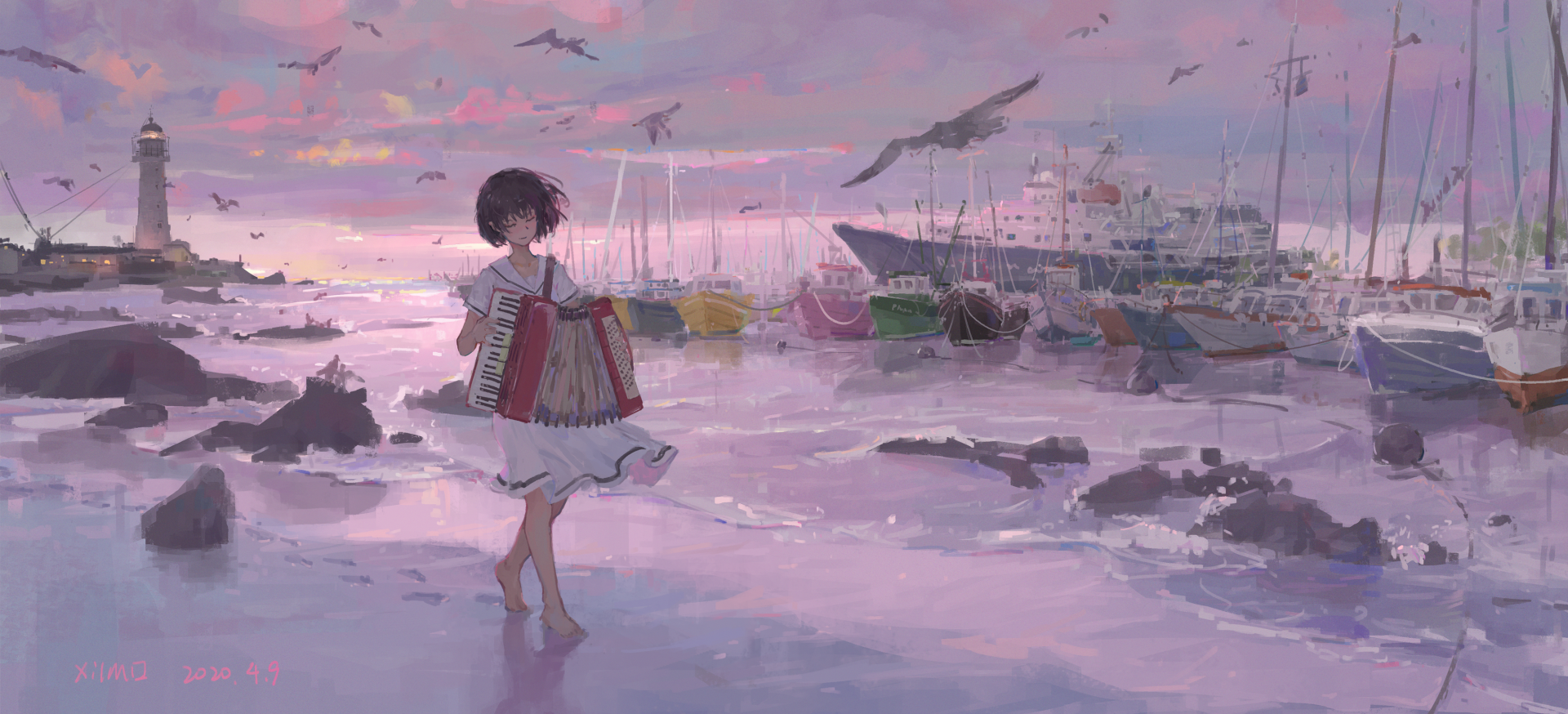 Anime-style HD PC desktop wallpaper featuring a girl playing an accordion by a serene harbor at sunset with boats and birds in the background.