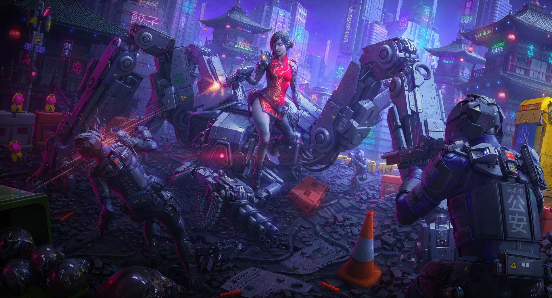 8K Ultra HD PC desktop wallpaper: a futuristic sci‑fi scene of a woman warrior with a gun amid neon city ruins, facing armored mechs.