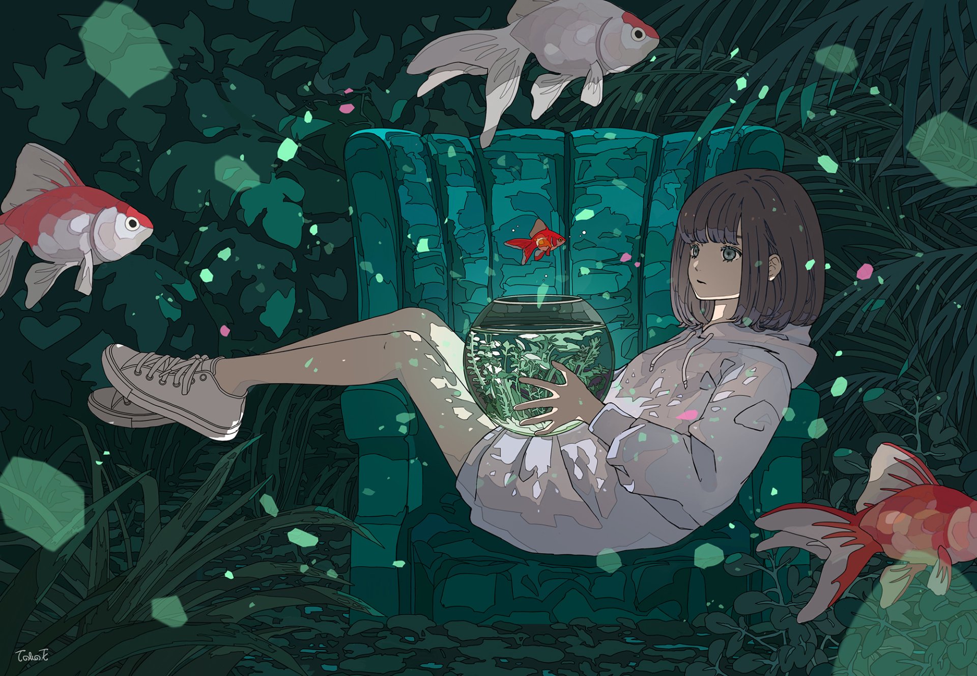 Download Aquarium Goldfish Short Hair Fish Anime Original HD Wallpaper by トーコ