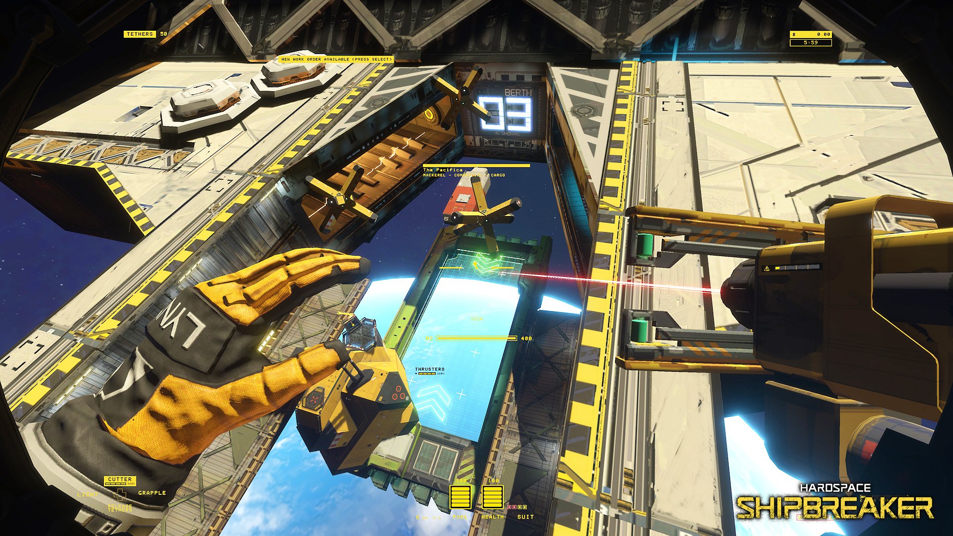 HD desktop wallpaper featuring a first-person view from Hardspace: Shipbreaker game, showing a space salvage operation.