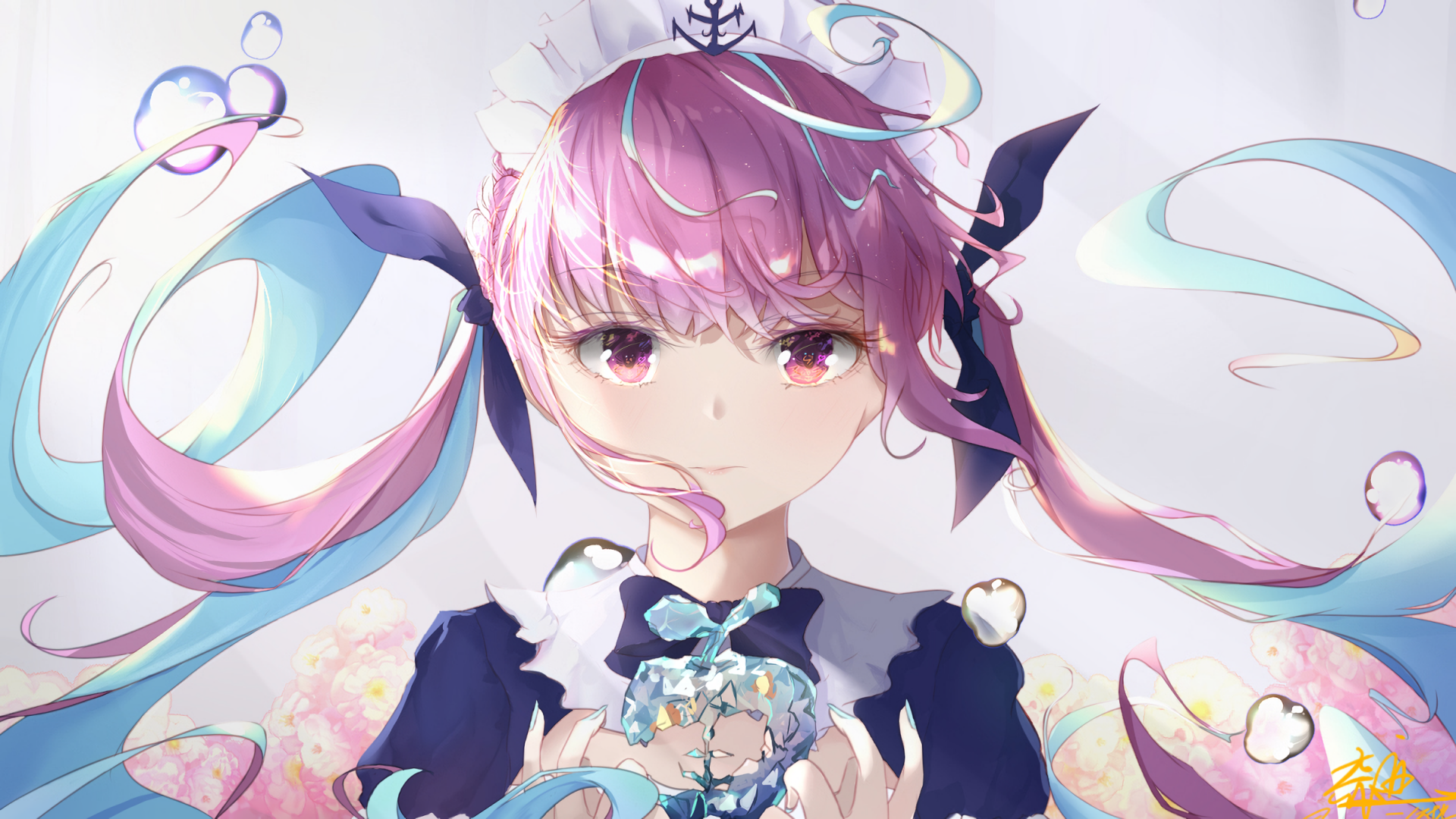 HD wallpaper featuring Minato Aqua from Hololive. The anime-style image showcases her with pink and blue hair, wearing a maid outfit, with a serene background. An enchanting addition to any desktop.