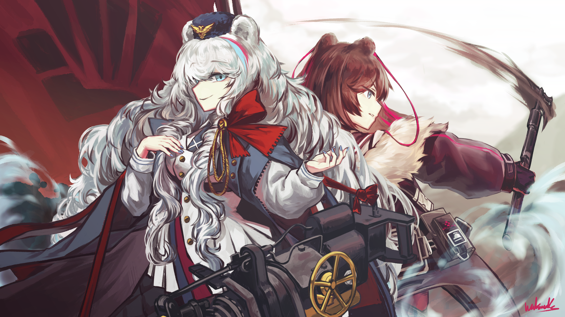 Download Long Hair White Hair Brown Hair Zima (Arknights) Rosa (Arknights) Video Game Arknights HD Wallpaper by 물뱀(水蛇)