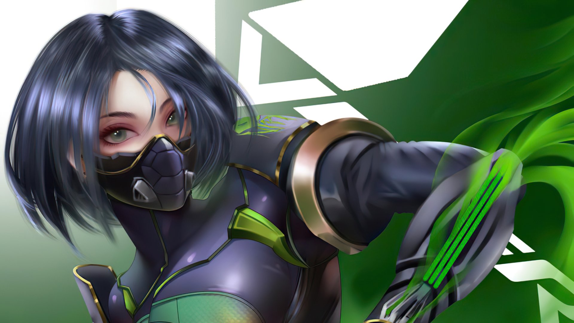 HD PC desktop wallpaper of Viper from Valorant: masked agent in green-and-black suit unleashing neon-green toxic energy, dynamic close-up action pose, video game character backdrop.