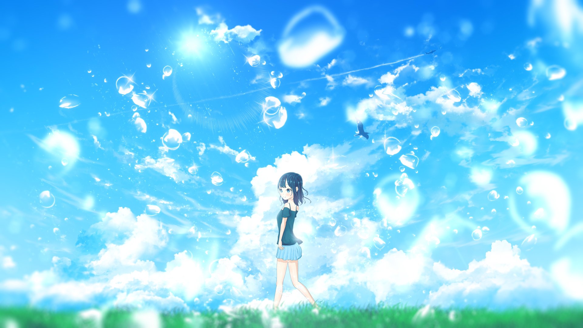 Download Cloud Black Hair Water Drop Sky Summer Anime Original Sky Anime Anime Summer 4k Ultra HD Wallpaper by furi / ふーり