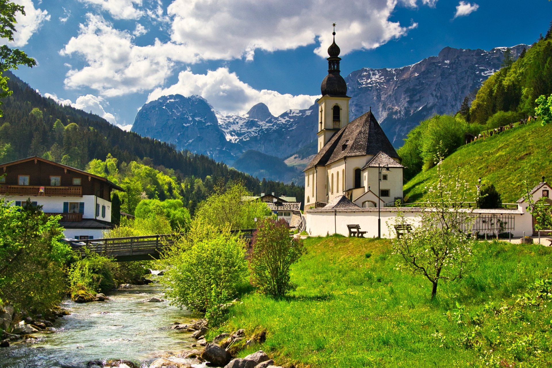 Download Bavaria Germany River House Bridge Mountain Religious Church HD Wallpaper