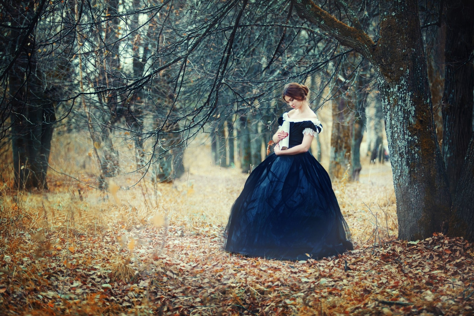 Download Forest Dress Leaf Book Woman Mood HD Wallpaper by Renat Fotov