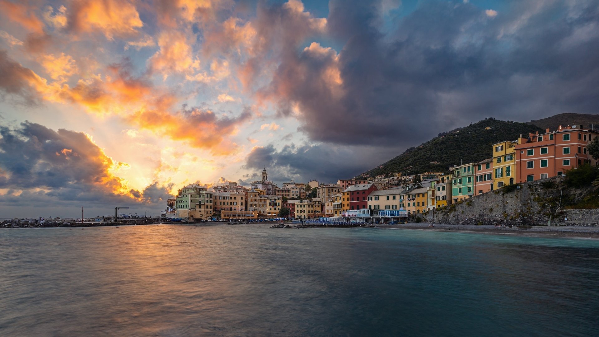 Download Italy Liguria Building Coast Sunset Sea Man Made Bogliasco HD Wallpaper