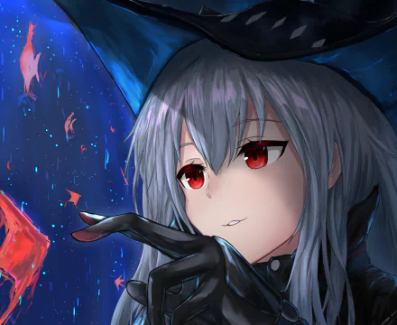 Close-up HD PC wallpaper of Skadi (Arknights): pale face, long grey hair, piercing red eyes, gloved hand near mouth against a starry blue-red video game background.