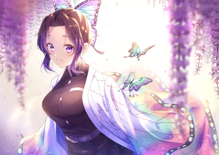 HD desktop wallpaper featuring Shinobu Kochou from the anime Demon Slayer: Kimetsu no Yaiba, surrounded by fluttering butterflies and a mystical, colorful background.