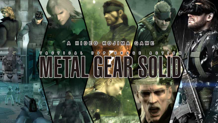 HD PC wallpaper featuring Big Boss, Solid Snake and Raiden in stylized action panels with the Metal Gear Solid video game logo and gritty tactical background.