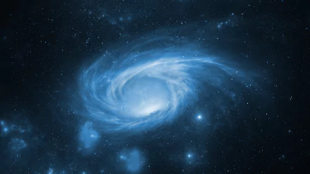 HD desktop wallpaper featuring a captivating spiral galaxy surrounded by stars, set against a deep blue space background, embodying a Sci-Fi galaxy theme.