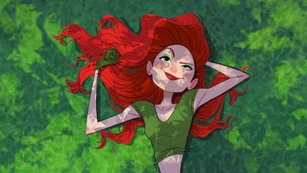 Comic-style Poison Ivy with long red hair and green eyes reclining on lush foliage — vibrant 2K Quad HD PC desktop wallpaper background in DC Comics art style.